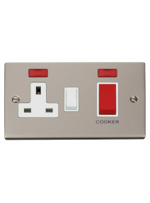 45A Pearl Nickel Cooker Switch &amp; 13A Double Pole Switched Socket &amp; Neon (VPPN205WH)