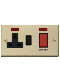 45A Polished Brass Cooker Switch &amp; 13A Double Pole Switched Socket &amp; Neon (VPBR205BK)