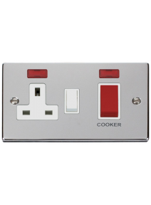 45A Polished Chrome Cooker Switch &amp; 13A Double Pole Switched Socket &amp; Neon (VPCH205WH)