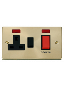 45A Satin Brass Cooker Switch &amp; 13A Double Pole Switched Socket &amp; Neon VPSB205BK