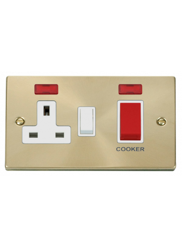45A Satin Brass Cooker Switch &amp; 13A Double Pole Switched Socket &amp; Neon VPSB205WH