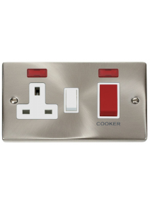 45A Satin Chrome Cooker Switch &amp; 13A Double Pole Switched Socket &amp; Neon VPSC205WH