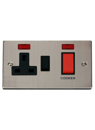 45A Stainless Steel Cooker Switch &amp; 13A Double Pole Switched Socket &amp; Neon VPSS205BK