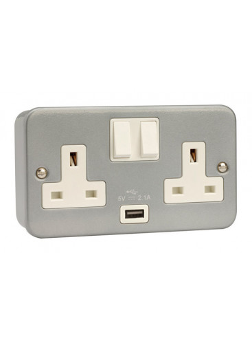Metal Switched Socket 2 Gang 13A Complete with USB Port (CL770)