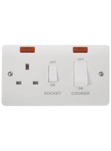2 Gang Double Pole Cooker Switch 45A With 13A Double Pole Switched Socket C/W Neons  CMA505