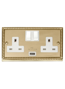 2 Gang 13A Georgian Brass Switched Socket with 2.1A USB Socket (GCBR770WH)