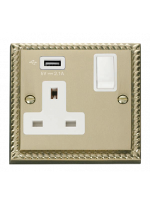 13A 1 Gang Georgian Brass Switched Socket with USB (GCBR771UWH)