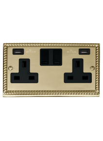 2 Gang 13A Georgian Brass Switched Socket with Twin USB Socket (GCBR780BK)
