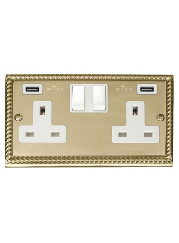 2 Gang 13A Georgian Brass Switched Socket with Twin USB Socket (GCBR780WH)