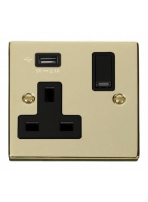 13A 1 Gang Polished Brass Switched Socket with USB (VPBR771UBK)