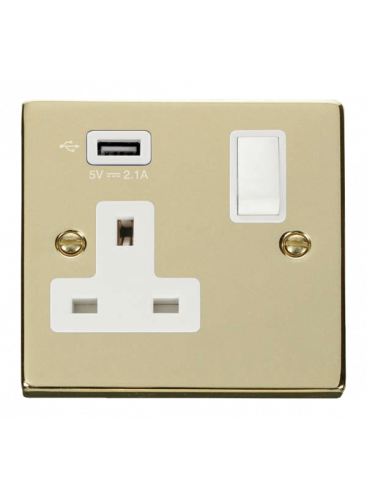 13A 1 Gang Polished Brass Switched Socket with USB (VPBR771UWH)