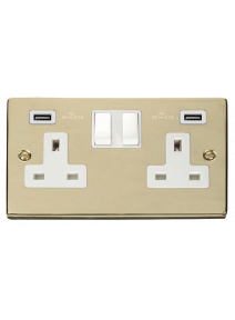 2 Gang 13A Polished Brass Switched Socket with Twin USB Socket (VPBR780WH)