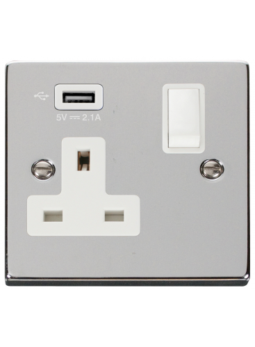 13A 1 Gang Polished Chrome Switched Socket with USB (VPCH771UWH)