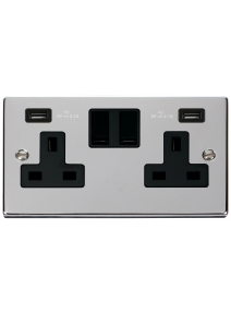 2 Gang 13A Polished Chrome Switched Socket with Twin USB Socket (VPCH780BK)