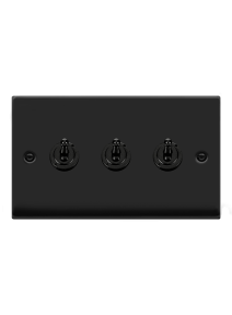 3 Gang 2 Way 10A Matt Black Toggle Plate Switch (VPMB423)