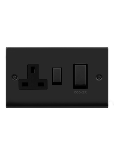 2 Gang 45A Matt Black Cooker Switch with 13A 2 Pole Switched Socket (VPMB504BK)