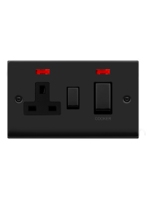 2 Gang 45A Matt Black DP Cooker Switch with 13A DP Switched Socket with Neon (VPMB505BK)