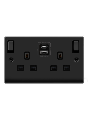 2 Gang 13A Matt Black Switched Socket with 2 x USB Ports (1 x USB-A, 1 x USB-C 4.2A) (VPMB586BK)