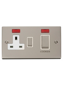 Pearl Nickel 45A Cooker Switch with 13A Double Pole Switch Socket &amp; Neons (VPPN505WH)