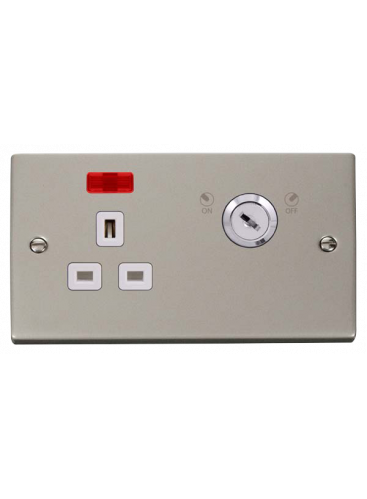 1 Gang Lockable Pearl Nickel 13A Switched Double Plate Socket with Neon (VPPN655WH)