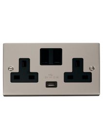 2 Gang 13A Pearl Nickel Switched Socket with 2.1A USB Socket (VPPN770BK)