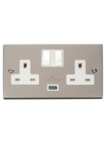 2 Gang 13A Pearl Nickel Switched Socket with 2.1A USB Socket (VPPN770WH)
