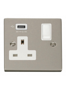 13A 1 Gang Pearl Nickel Switched Socket with USB (VPPN771UWH)