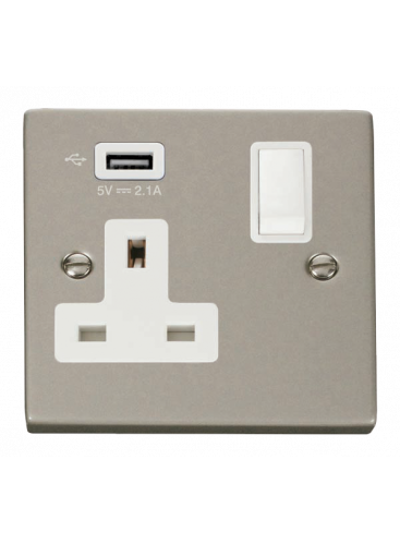 13A 1 Gang Pearl Nickel Switched Socket with USB (VPPN771UWH)