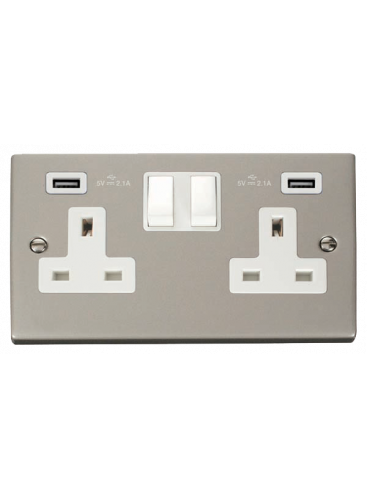 2 Gang 13A Pearl Nickel Switched Socket with Twin 2.1A USB Sockets (VPPN780WH)