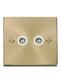 Twin Satin Brass Isolated Co-Axial Socket 2 Gang (VPSB159WH)
