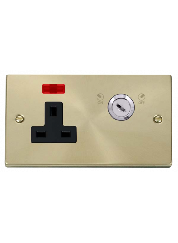 1 Gang Lockable Satin Brass 13A Double Plate Switched Socket with Neon VPSB675BK