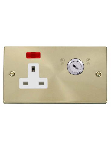 1 Gang Lockable Satin Brass 13A Double Plate Switched Socket with Neon VPSB675WH