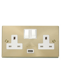 2 Gang 13A Satin Brass Switched Socket with 2.1A USB Socket VPSB770WH
