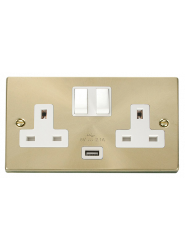 2 Gang 13A Satin Brass Switched Socket with 2.1A USB Socket VPSB770WH