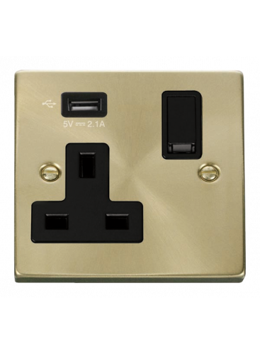 13A 1 Gang Satin Brass Switched Socket with USB VPSB771UBK