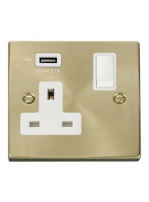 13A 1 Gang Satin Brass Switched Socket with USB VPSB771UWH