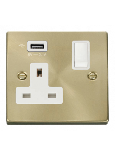 13A 1 Gang Satin Brass Switched Socket with USB VPSB771UWH