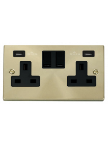 2 Gang 13A Satin Brass Switched Socket with Twin USB Socket VPSB780BK