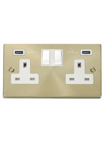 2 Gang 13A Satin Brass Switched Socket with Twin USB Socket VPSB780WH