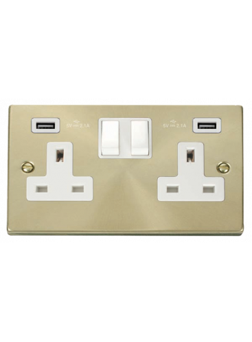 2 Gang 13A Satin Brass Switched Socket with Twin USB Socket VPSB780WH