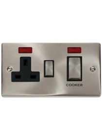 Satin Chrome 45A Cooker Switch with 13A Double Pole Switch Socket &amp; Neons VPSC505BK