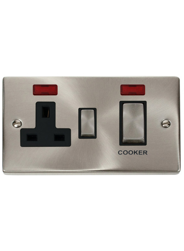 Satin Chrome 45A Cooker Switch with 13A Double Pole Switch Socket & Neons VPSC505BK