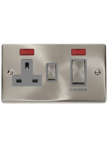 Satin Chrome 45A Cooker Switch with 13A Double Pole Switch Socket &amp; Neons VPSC505GY
