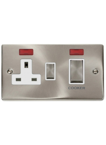 Satin Chrome 45A Cooker Switch with 13A Double Pole Switch Socket &amp; Neons VPSC505WH