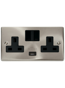 2 Gang 13A Satin Chrome Switched Socket with 2.1A USB Socket VPSC770BK