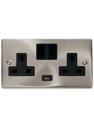 2 Gang 13A Satin Chrome Switched Socket with 2.1A USB Socket VPSC770BK