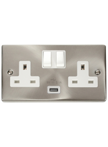 2 Gang 13A Satin Chrome Switched Socket with 2.1A USB Socket VPSC770WH