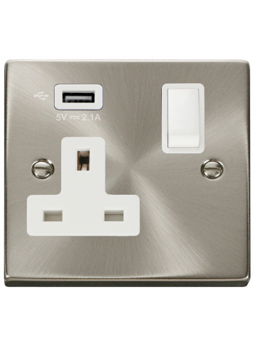 13A 1 Gang Satin Chrome Switched Socket with USB VPSC771UWH
