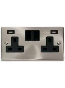 2 Gang 13A Satin Chrome Switched Socket with Twin USB Socket VPSC780BK