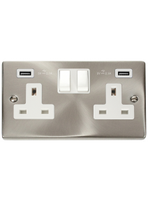 2 Gang 13A Satin Chrome Switched Socket with Twin USB Socket VPSC780WH